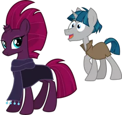 Size: 6342x5956 | Tagged: safe, alternate version, artist:cloudyglow, artist:melisareb, derpibooru import, edit, fizzlepop berrytwist, stygian, tempest shadow, pony, unicorn, my little pony: the movie, shadow play, .ai available, .svg available, absurd resolution, cloak, clothes, female, happy, high res, image, inkscape, looking at you, male, mare, open mouth, png, scarf, shipping, show accurate, simple background, stallion, straight, tempgian, transparent background, typo in the description, vector