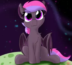 Size: 2598x2362 | Tagged: safe, artist:galacticguardian, artist:jubyskylines, derpibooru import, oc, oc:midnight starburst, unofficial characters only, bat pony, pony, asteroid, bat pony oc, bat wings, chest fluff, cute, cute little fangs, fangs, full face view, heart eyes, high res, image, looking at you, png, sitting, smiling, solo, space, spread wings, stars, wingding eyes, wings