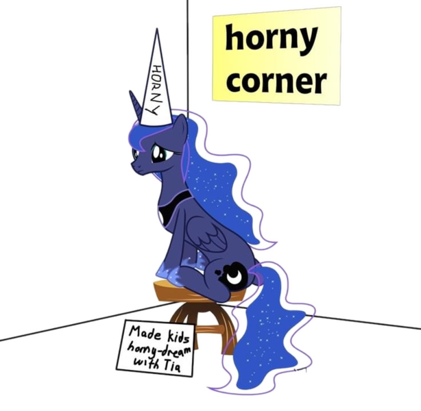 Size: 737x720 | Tagged: artist needed, suggestive, derpibooru import, edit, princess luna, alicorn, dunce hat, hat, horny corner, image, png, pony shaming, shaming, sign, simple background