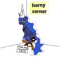 Size: 737x720 | Tagged: artist needed, suggestive, derpibooru import, edit, princess luna, alicorn, dunce hat, hat, horny corner, image, png, pony shaming, shaming, sign, simple background