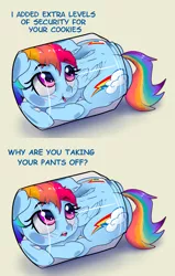 Size: 2665x4186 | Tagged: suggestive, artist:xbi edits, derpibooru import, edit, rainbow dash, pegasus, pony, behaving like a cat, blatant lies, blushing, both cutie marks, cookie, cookie jar, cookie jar pony, cookie thief, cute, dashabetes, dialogue, female, food, high res, hol up, i don't like where this is going, if i fits i sits, image, imminent rape, imminent sex, jar, lewd container meme, png, pony in a bottle, simple background, solo, this will end in rape