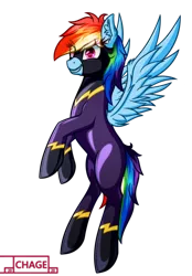 Size: 1500x2160 | Tagged: safe, artist:chage, derpibooru import, rainbow dash, pegasus, pony, clothes, costume, female, flying, image, mare, multicolored hair, png, shadowbolt dash, shadowbolts, shadowbolts costume, simple background, smiling, solo, spread wings, transparent background, wings