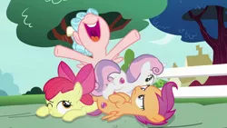Size: 1280x720 | Tagged: safe, derpibooru import, screencap, apple bloom, cozy glow, scootaloo, sweetie belle, earth pony, pegasus, pony, unicorn, marks for effort, apple bloom is not amused, butt, female, filly, image, lying down, nose in the air, on back, open mouth, plot, png, pony pile, scootaloo is not amused, unamused, uvula, volumetric mouth