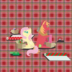 Size: 2160x2160 | Tagged: safe, anonymous artist, derpibooru import, big macintosh, fluttershy, bird, earth pony, owl, pegasus, pony, series:fm holidays, series:hearth's warming advent calendar, advent calendar, christmas, clothes, coffee mug, female, fluttermac, holiday, hoof hold, image, lineless, male, mug, plaid, plaid background, plushie, png, pointy ponies, present, ribbon, scarf, shipping, sitting, straight, tape, wrapping, wrapping paper
