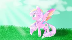 Size: 1200x674 | Tagged: safe, artist:aleuoliver, derpibooru import, oc, unofficial characters only, alicorn, pony, alicorn oc, cloud, grass, horn, image, jpeg, outdoors, smiling, solo, wings