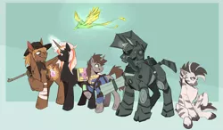 Size: 4341x2537 | Tagged: safe, artist:civetcider, derpibooru import, oc, oc:calamity, oc:littlepip, oc:pyrelight, oc:steelhooves, oc:velvet remedy, oc:xenith, unofficial characters only, balefire phoenix, bird, earth pony, pegasus, phoenix, pony, unicorn, zebra, fallout equestria, fanfic, applejack's rangers, armor, bag, battle saddle, clothes, cowboy hat, dashite, fanfic art, female, fluttershy medical saddlebag, glowing horn, gun, hat, hooves, horn, image, levitation, magic, male, mare, medical saddlebag, pipbuck, png, potion, power armor, rifle, saddle bag, scar, stallion, steel ranger, telekinesis, vault suit, weapon, wings