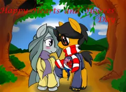 Size: 800x587 | Tagged: safe, artist:a.s.e, derpibooru import, marble pie, oc, oc:a.s.e, blushing, canon x oc, clothes, couple, female, flower, heart, heart pony, hearts and hooves day, holiday, image, jpeg, male, scarf, shipping, smiling, special somepony, tree, valentine's day