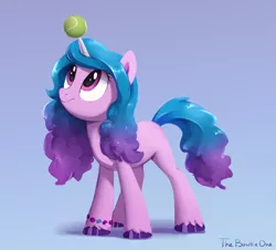 Size: 1560x1408 | Tagged: safe, artist:thebowtieone, derpibooru import, izzy moonbow, pony, unicorn, female, g5, gradient background, horn, horn guard, horn impalement, hornball, image, izzy's tennis ball, looking up, mare, png, signature, solo, tennis ball, unshorn fetlocks