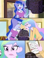 Size: 1536x2048 | Tagged: safe, artist:justsomepainter11, derpibooru import, princess celestia, princess luna, comic:in the school, equestria girls, angry, argument, celestia's office, checklist, clothes, comic, cutie mark, cutie mark on clothes, female, image, jpeg, principal celestia, show accurate, vice principal luna