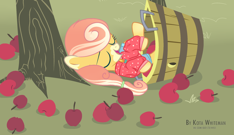 Size: 2280x1320 | Tagged: safe, artist:jelisicli, derpibooru import, oc, oc:pina colada (ice1517), pegasus, pony, icey-verse, apple, apple tree, blouse, bucket, clothes, commission, eyes closed, female, filly, food, grass, image, lying down, magical lesbian spawn, markings, offspring, on back, open mouth, parent:applejack, parent:strawberry sunrise, parents:applerise, png, raised hoof, raised leg, shirt, shorts, solo, tree, ych result, younger