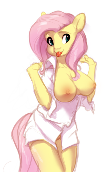 Size: 961x1498 | Tagged: questionable, artist:vistamage, derpibooru import, fluttershy, anthro, pegasus, pony, :3, :p, adorasexy, big breasts, bottomless, breasts, busty fluttershy, cleavage, clothes, cute, erect nipples, exposed breasts, female, image, looking at you, mare, nipples, nudity, open clothes, open shirt, partial nudity, png, raspberry, sexy, shirt, shyabetes, simple background, smiling, solo, solo female, tongue out, white background