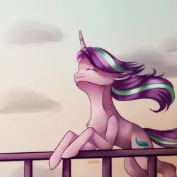 Size: 2000x2000 | Tagged: safe, artist:brilliant-luna, derpibooru import, starlight glimmer, pony, unicorn, cloud, cute, eyes closed, female, fence, glimmerbetes, image, jpeg, mare, smiling, solo, sunset, wind, windswept mane