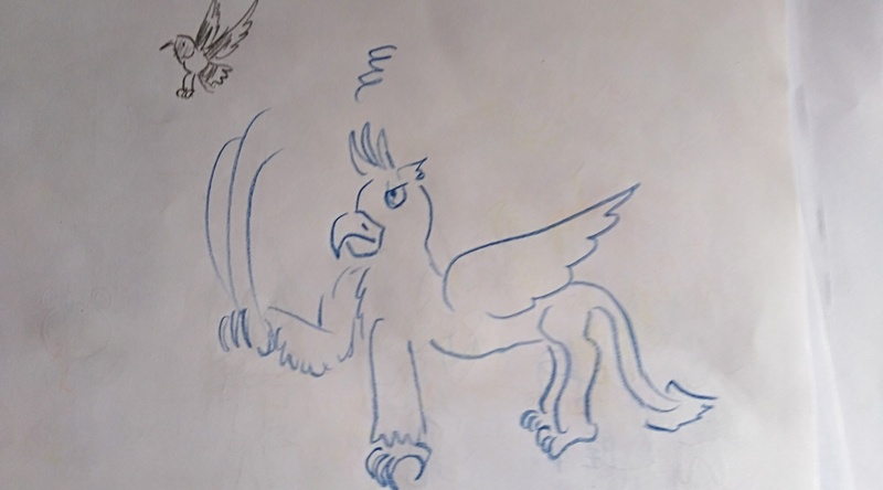 Size: 4032x2240 | Tagged: safe, artist:horsesplease, derpibooru import, gallus, bird, magpie, doodle, image, jpeg, scratching, traditional art, upset