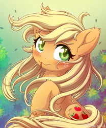 Size: 2000x2400 | Tagged: safe, artist:symbianl, derpibooru import, applejack, earth pony, pony, :3, blushing, cute, ear fluff, female, fluffy, hatless, hoof fluff, image, jackabetes, loose hair, mare, missing accessory, png, solo, symbianl is trying to murder us