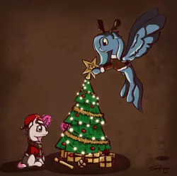 Size: 2231x2226 | Tagged: safe, artist:safizejaart, derpibooru import, oc, oc:thinker blue, unofficial characters only, pegasus, unicorn, christmas, christmas lights, christmas outfit, christmas tree, clothes, hat, holiday, horn, image, jpeg, pegasus oc, present, santa hat, simple background, sweater, tree, unicorn oc, wings