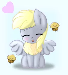 Size: 1000x1100 | Tagged: artist needed, source needed, safe, derpibooru import, derpy hooves, pegasus, pony, blushing, chest fluff, chibi, cute, derpabetes, eyes closed, female, food, happy, heart, image, mare, muffin, png, smiling, solo, that pony sure does love muffins