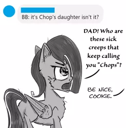 Size: 1153x1173 | Tagged: safe, artist:chopsticks, derpibooru import, oc, oc:cookie cutter, unofficial characters only, pegasus, pony, ask, ask cookie cutter, cheek fluff, chest fluff, dialogue, female, filly, image, monochrome, offscreen character, png, sketch, text