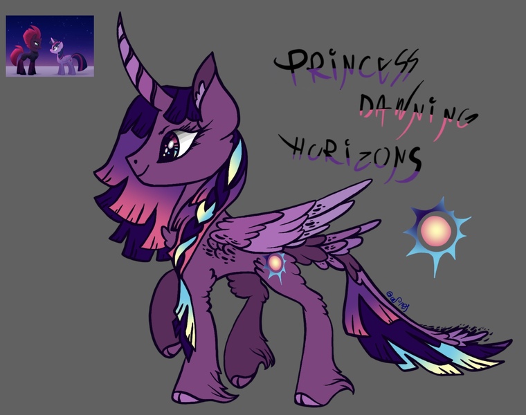 Size: 2043x1613 | Tagged: safe, artist:caramelbolt24, derpibooru import, tempest shadow, twilight sparkle, twilight sparkle (alicorn), oc, alicorn, classical unicorn, pony, unicorn, alicorn oc, cloven hooves, ear fluff, female, gray background, hoof fluff, horn, image, jpeg, leonine tail, magical lesbian spawn, mare, offspring, parent:tempest shadow, parent:twilight sparkle, parents:tempestlight, reference sheet, screencap reference, simple background, solo, unshorn fetlocks, wings