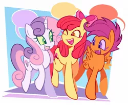 Size: 1540x1257 | Tagged: safe, artist:poppyr0ckz, derpibooru import, apple bloom, scootaloo, sweetie belle, earth pony, pegasus, pony, unicorn, alternate cutie mark, buzzing wings, cute, cutie mark crusaders, female, image, jpeg, mare, older, older apple bloom, older cmc, older scootaloo, older sweetie belle, one eye closed, open mouth, speech bubble, talking, wings