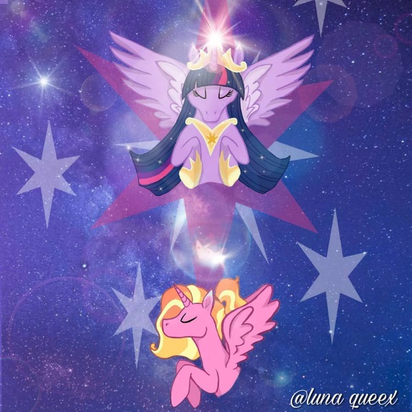 Size: 1080x1080 | Tagged: safe, artist:luna.queex, derpibooru import, luster dawn, princess twilight 2.0, twilight sparkle, twilight sparkle (alicorn), alicorn, pony, the last problem, alicornified, bust, duo, ethereal mane, eyes closed, female, horn, image, jpeg, lustercorn, mare, older, older twilight, race swap, starry mane, stars, wings