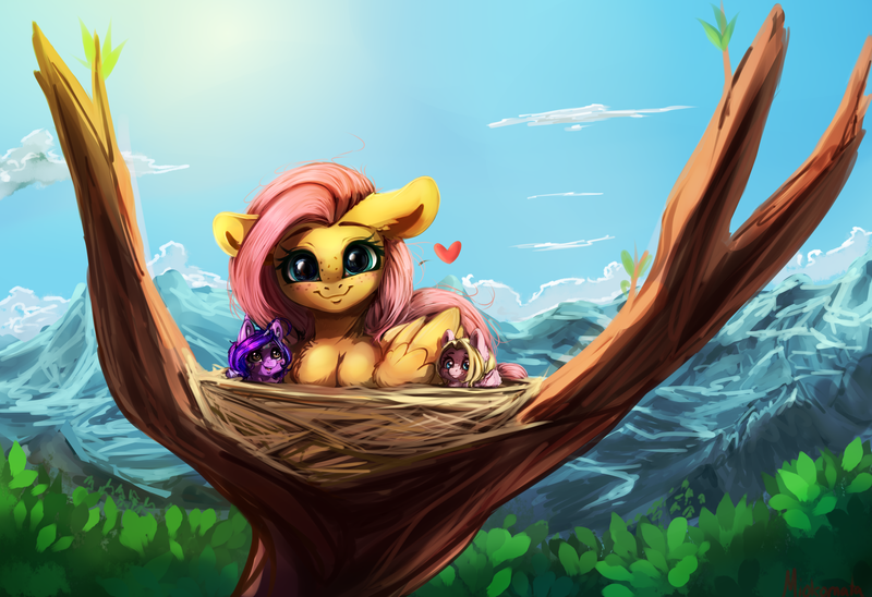 Size: 3985x2730 | Tagged: safe, artist:miokomata, derpibooru import, fluttershy, oc, oc:dazzling talents, oc:mio, alicorn, earth pony, pegasus, pony, babysitting, behaving like a bird, birb, cute, daaaaaaaaaaaw, female, floating heart, fluttermom, forest, freckles, freckleshy, heart, image, looking at you, mare, miokomata is trying to murder us, nest, png, shyabetes, smol, tree