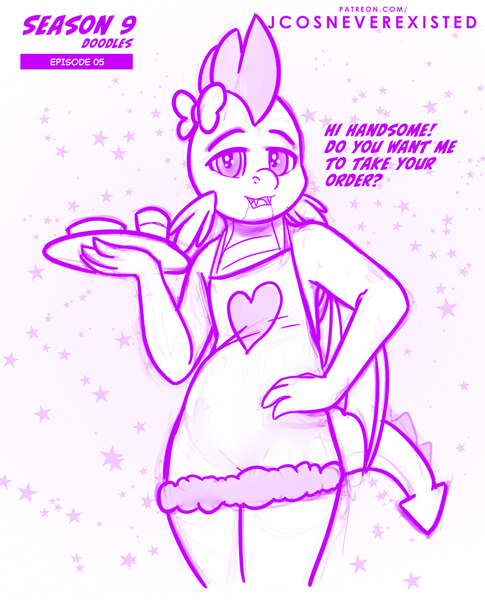 Size: 827x1024 | Tagged: safe, artist:jcosneverexisted, derpibooru import, spike, anthro, dragon, the point of no return, apron, clothes, dialogue, femboy, femboy spike, image, jpeg, looking at you, male, pose, season 9 doodles, solo, text