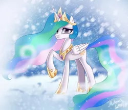 Size: 1280x1105 | Tagged: safe, artist:melanyoprisdraws, derpibooru import, princess celestia, alicorn, pony, crown, female, hoof shoes, image, jewelry, jpeg, mare, one hoof raised, raised hoof, regalia, snow, solo