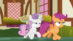 Size: 1920x1080 | Tagged: safe, derpibooru import, screencap, scootaloo, sweetie belle, the big mac question, food, image, pie, png