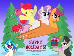 Size: 1024x768 | Tagged: safe, artist:tim-kangaroo, derpibooru import, apple bloom, octavia melody, scootaloo, sweetie belle, vinyl scratch, airborne, christmas card, cutie mark crusaders, hearth's warming eve, image, png, present, sled, snow, tree