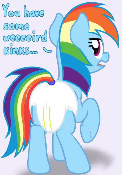 Size: 1400x2000 | Tagged: suggestive, artist:nitei, derpibooru import, rainbow dash, pegasus, pony, butt shake, complaining, critic, criticism, diaper, diaper fetish, female, fetish, image, kink shaming, kinkshaming, looking at you, looking back, looking back at you, png, poofy diaper, shaking, show accurate, show accurate porn, simple background, solo, solo female, talking to viewer, wetness indicator, white diaper