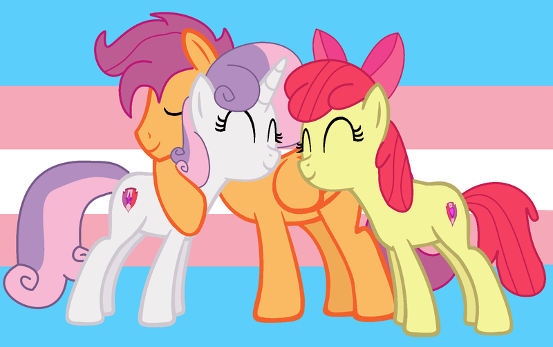 Size: 2010x1264 | Tagged: safe, artist:amelia-bases, artist:jadethepegasus, derpibooru import, apple bloom, scootaloo, sweetie belle, earth pony, pegasus, pony, unicorn, alternate hairstyle, apple bloom's bow, base used, bow, cutie mark crusaders, eyes closed, female, hair bow, headcanon, hug, image, lgbt headcanon, male, mare, older, older apple bloom, older cmc, older scootaloo, older sweetie belle, png, pride, pride flag, raised hoof, rule 63, scooteroll, stallion, support, trans male, transgender, transgender pride flag