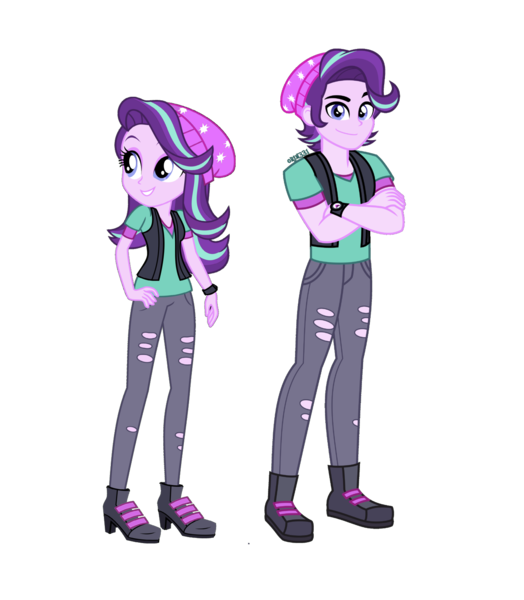 Size: 1316x1508 | Tagged: safe, artist:orin331, derpibooru import, edit, starlight glimmer, equestria girls, mirror magic, spoiler:eqg specials, beanie, clothes, crossed arms, cute, equestria guys, female, handsome, hat, image, male, pants, png, r63 paradox, rule 63, shirt, shoes, simple background, stellar gleam, transparent background