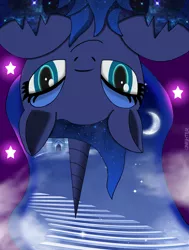 Size: 2464x3263 | Tagged: safe, artist:qnighter, derpibooru import, princess luna, alicorn, castle, chest fluff, cloud, ethereal mane, galaxy mane, image, looking at you, majestic, moon, png, purple sky, smiling, solo, stairway to heaven, stars, upside down