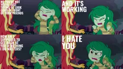 Size: 1986x1117 | Tagged: safe, derpibooru import, edit, edited screencap, editor:quoterific, screencap, sunset shimmer, wallflower blush, human, equestria girls, equestria girls series, forgotten friendship, angry, duo, duo female, eyes closed, female, i hate you, image, open mouth, png