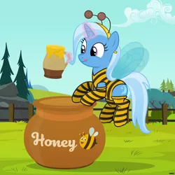 Size: 6000x6000 | Tagged: safe, artist:a4r91n, derpibooru import, trixie, bee, insect, pony, unicorn, animal costume, bee costume, clothes, costume, food, glowing horn, headband, honey, horn, image, levitation, magic, mug, png, pot, socks, solo, striped socks, telekinesis, thigh highs, tongue out, vector