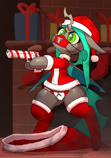 Size: 2480x3508 | Tagged: suggestive, alternate version, artist:chrysalisdraws, derpibooru import, queen chrysalis, changeling, bipedal, christmas, christmas changeling, clothes, costume, desert eagle, face mask, female, gun, handgun, hat, holiday, holly, image, mask, panties, pistol, png, robbery, santa costume, santa hat, socks, solo, solo female, stockings, thigh highs, underwear, weapon