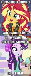 Size: 525x1272 | Tagged: safe, derpibooru import, screencap, starlight glimmer, sunset shimmer, equestria girls, equestria girls series, mirror magic, rollercoaster of friendship, spoiler:eqg specials, caption, female, food, geode of empathy, ice cream, image, image macro, lesbian, magical geodes, png, shimmerglimmer, shipping, text