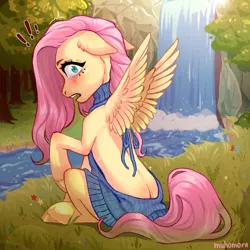 Size: 2000x2000 | Tagged: suggestive, artist:muhomora, derpibooru import, fluttershy, pegasus, pony, backless, backless sweater, blushing, blushing profusely, buttcrack, clothes, female, floppy ears, forest, image, mare, open-back sweater, png, signature, sleeveless, sleeveless sweater, solo, spread wings, stupid sexy fluttershy, surprised, sweater, sweatershy, tree, virgin killer sweater, waterfall, wings