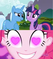 Size: 852x955 | Tagged: safe, derpibooru import, edit, edited screencap, screencap, trixie, twilight sparkle, twilight sparkle (alicorn), alicorn, coinky-dink world, eqg summertime shorts, equestria girls, blushing, female, heart eyes, image, lesbian, meme, pinkie's eyes, png, shipping, shipping domino, twixie, wingding eyes