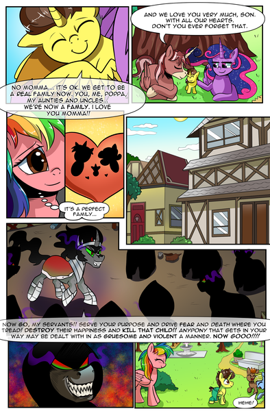 Size: 1800x2740 | Tagged: safe, artist:candyclumsy, author:bigonionbean, derpibooru import, king sombra, oc, oc:candy clumsy, oc:king speedy hooves, oc:queen galaxia, oc:tommy the human, alicorn, earth pony, pegasus, pony, unicorn, comic:attack on an alicorn, alicorn oc, alleyway, blanket, building, canterlot, child, children, cloaked, colt, comic, commissioner:bigonionbean, covering, cuddling, cute, dawwww, dialogue, evil, evil grin, father and child, father and son, female, flashback, foal, fusion, fusion:king speedy hooves, fusion:queen galaxia, grin, happy, help, hooded cape, horn, houses, hug, husband and wife, image, kids, kissing, magic, male, mare, mother and child, mother and son, mysterious, nuzzling, park, png, random ponies, random pony, smiling, snuggling, stallion, town, trash, village, wings
