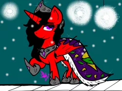 Size: 2048x1536 | Tagged: safe, artist:artmama113, derpibooru import, oc, oc:yaoilover, unofficial characters only, alicorn, bat pony, bat pony alicorn, pony, bat pony oc, bat wings, cape, clothes, female, hoof shoes, horn, image, jewelry, jpeg, mare, peytral, raised hoof, signature, smiling, snow, solo, tiara, wings