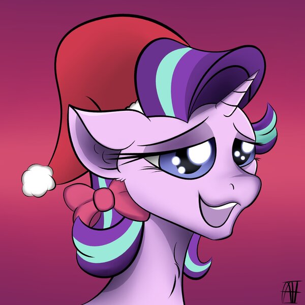 Size: 1951x1951 | Tagged: safe, artist:naen, derpibooru import, starlight glimmer, pony, unicorn, bow, bust, christmas, female, hat, holiday, image, jpeg, mare, open mouth, portrait, santa hat, solo