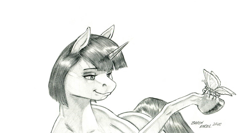 Size: 1500x815 | Tagged: safe, artist:baron engel, derpibooru import, oc, oc:marble vein, butterfly, insect, pony, unicorn, female, image, jpeg, mare, monochrome, pencil drawing, story included, traditional art