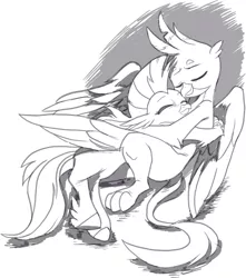 Size: 1283x1450 | Tagged: safe, artist:nauyaco, derpibooru import, gallus, silverstream, classical hippogriff, gryphon, hippogriff, cuddling, cute, diastreamies, female, gallabetes, gallstream, grayscale, image, interspecies, male, monochrome, png, shipping, straight
