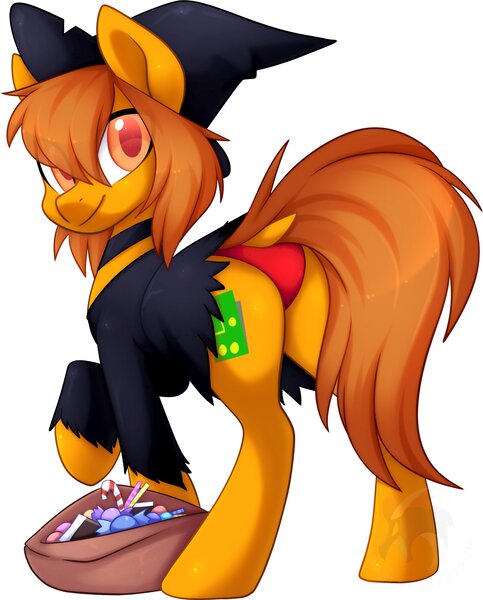 Size: 1836x2279 | Tagged: suggestive, artist:scarlet-spectrum, derpibooru import, oc, oc:zip circuit, unofficial characters only, earth pony, pony, bag, butt, candy, clothes, collar, crossdressing, dock, food, halloween, hat, holiday, image, jpeg, looking at you, male, panties, plot, raised hoof, red underwear, simple background, skirt, smiling, solo, solo male, stallion, underwear, upskirt, watermark, white background, witch, witch costume, witch hat