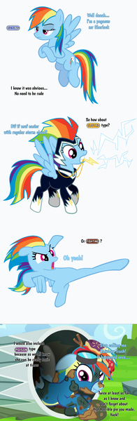 Size: 1056x3228 | Tagged: safe, artist:sugar-loop, artist:xpesifeindx, derpibooru import, editor:fluttershyisnot adoormat, rainbow dash, zapp, clothes, costume, flying, image, jpeg, kick, kicking, meme, pokémon, power ponies, rainbow trash, superhero, thunderbolt, trash, trash can