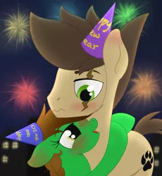 Size: 1618x1756 | Tagged: safe, artist:dyonys, derpibooru import, oc, oc:lucky brush, oc:night chaser, blushing, drunk, fireworks, freckles, hat, hug, image, luckychaser, new year, new years eve, party hat, png, scar