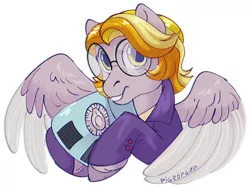 Size: 1024x768 | Tagged: safe, artist:pigeorgien, derpibooru import, oc, oc:star trails, unofficial characters only, pegasus, pony, adorkable, clothes, colored wings, cute, dork, female, glasses, image, jacket, mare, multicolored mane, multicolored wings, ocbetes, png, radio, shirt, smiling, solo, suit, unshorn fetlocks, wings