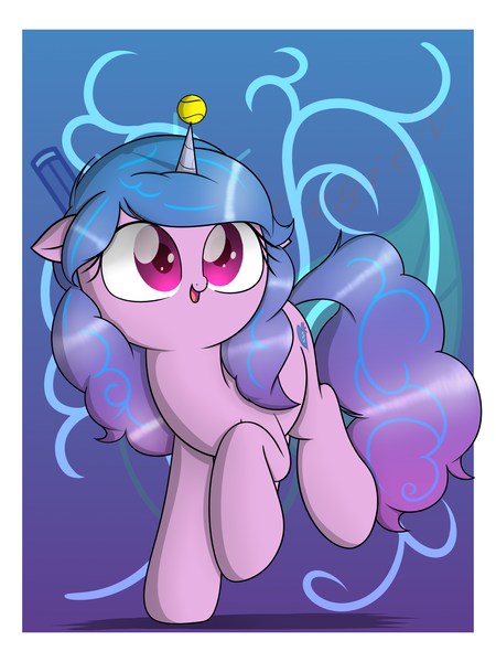 Size: 1920x2560 | Tagged: safe, artist:neige de printdemps, derpibooru import, izzy moonbow, pony, unicorn, blue background, female, g5, horn, horn guard, horn impalement, hornball, image, izzy's tennis ball, looking up, png, simple background, smiling, solo, tennis ball, tiny mouth