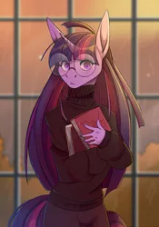 Size: 1721x2464 | Tagged: safe, artist:1an1, derpibooru import, twilight sparkle, anthro, unicorn, adorasexy, adorkable, adorkasexy, blushing, book, clothes, cute, dork, eye clipping through hair, female, glasses, image, looking at you, meganekko, nerd, png, round glasses, sexy, solo, sweater, turtleneck, twiabetes
